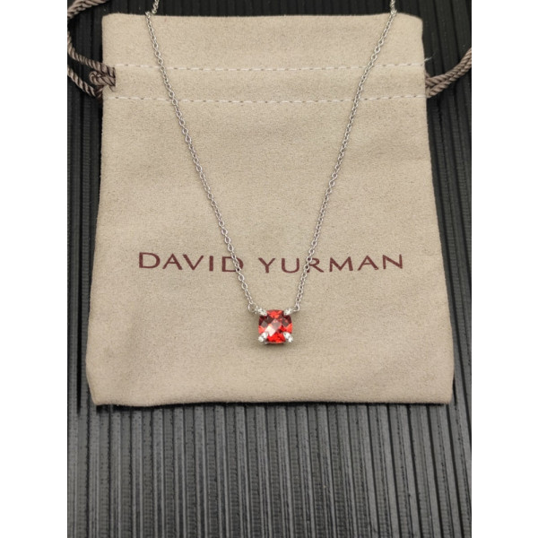 David Yurman Silver 8mm Four-Prong Red Diamond Necklace Adjustable 42+3+3cm