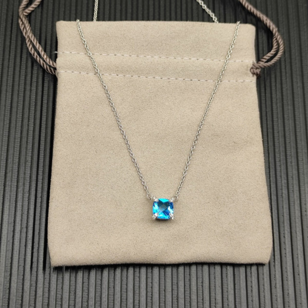 David Yurman Silver 8mm Four-Prong Blue Diamond Necklace Adjustable 42+3+3cm