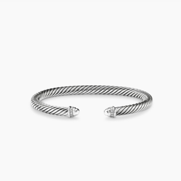 David Yurman 5mm Silver Diamond Round Cuff Bracelet, Fits Wrist Size 16cm - 20cm