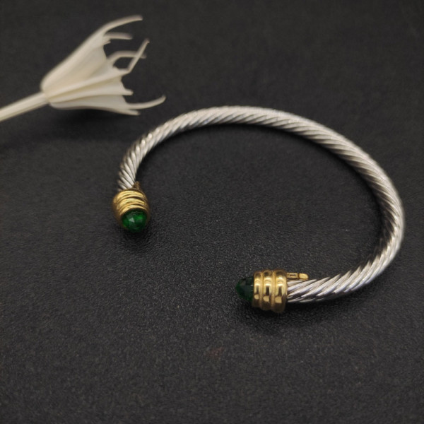 David Yurman 5mm Gold-End Deep Green Diamond Cable Cuff Bracelet