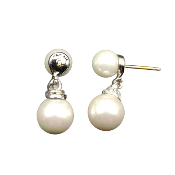 David Yurman Silver 8mm and 10mm Double Pearl Drop Earrings