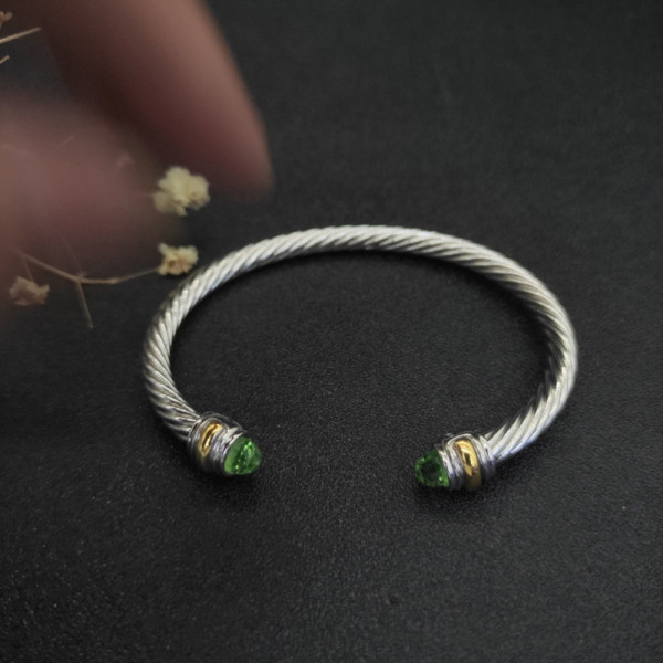 David Yurman 5mm Double Diamond End Light Green Diamond Cuff Bracelet Silver