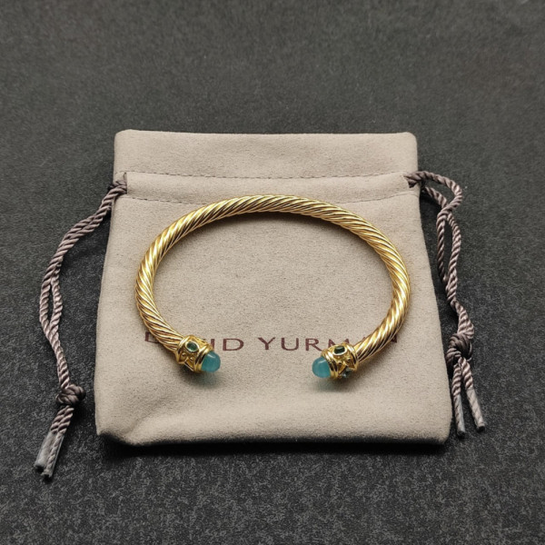 David Yurman 5mm Gold Angled Blue Chalcedony Cuff Bracelet, Fits Wrist Size 16cm - 20cm