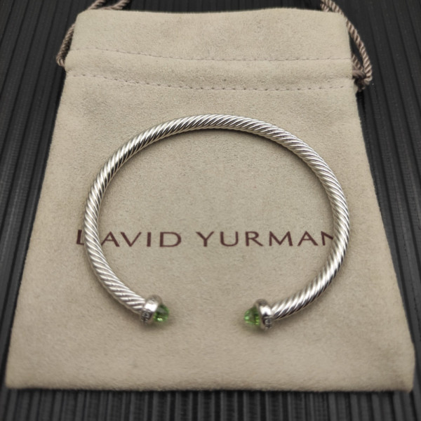 David Yurman 4mm Sterling Silver Light Green Diamond Bangle Bracelet