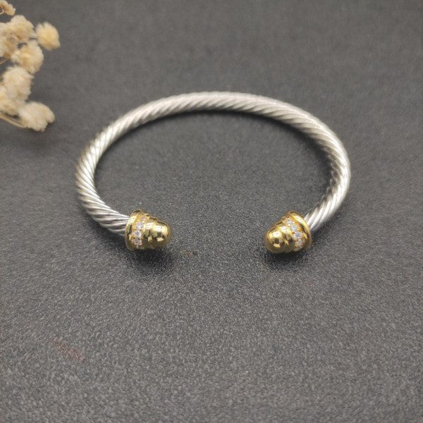 David Yurman 5mm Gold and Silver Cable Cuff Bracelet with Pav&Atilde;&copy;-Set Round End Caps