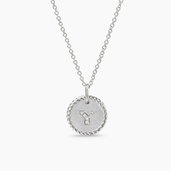 David Yurman Silver Diamond Letter Y Round Pendant Necklace, Length 42cm + 3cm + 3cm