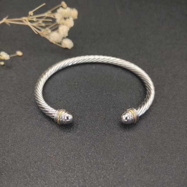 David Yurman 5mm Gold and Silver Cable Cuff Bracelet with Smooth Round End Caps