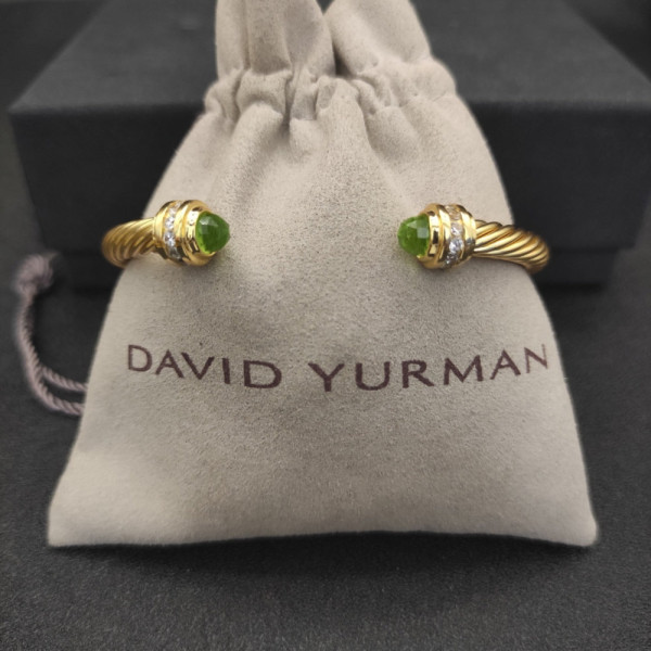 David Yurman 5mm Gold Cable Cuff Bracelet with Diamond-Accented Light Green Stone