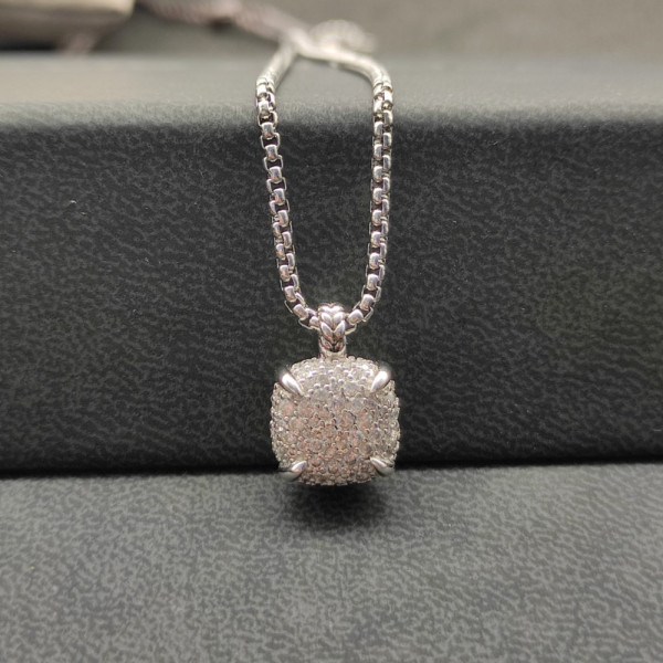 David Yurman 14mm Silver Four-Prong Pav&Atilde;&copy; Diamond Necklace, 2mm Chain, 45+5cm Adjustable Length