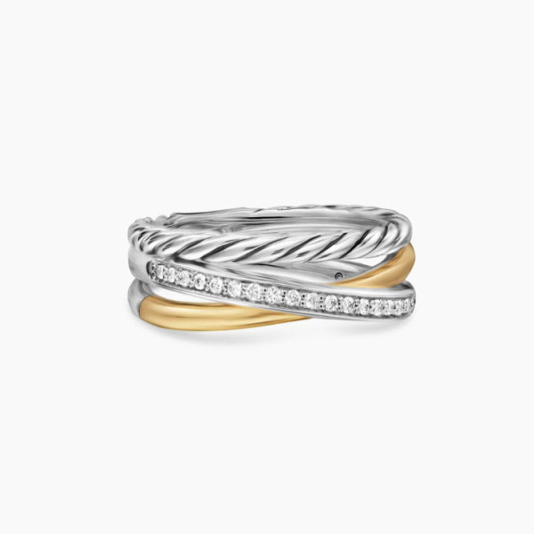 David Yurman Silver and Gold Pav&Atilde;&copy; Twisted Cable Cylinder Ring