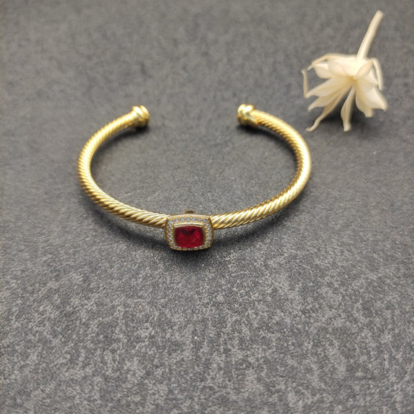 David Yurman Gold Tone 4mm Cable Square Red Diamond Cuff Bracelet