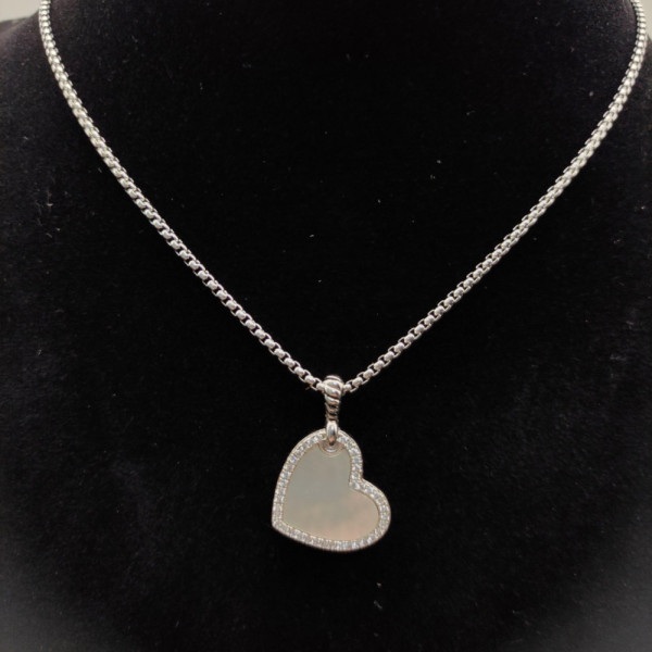 David Yurman Silver Heart White Mother-of-Pearl Necklace, 2mm Chain, 45+5cm Adjustable Length