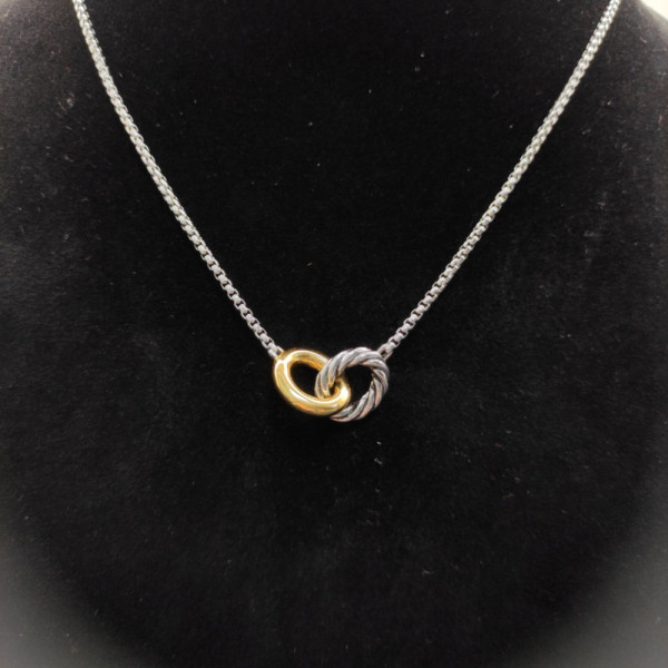 David Yurman Gold and Silver Twisted Cable Double Ring Necklace, 2mm Chain, 45+5cm Adjustable Length