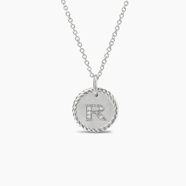 David Yurman Silver Diamond Letter R Round Pendant Necklace, Length 42cm + 3cm + 3cm