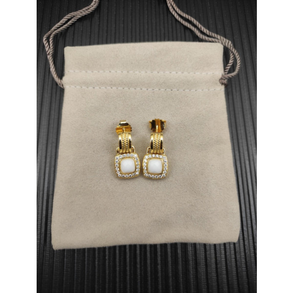 David Yurman Gold White Agate Square Cable Drop Earrings