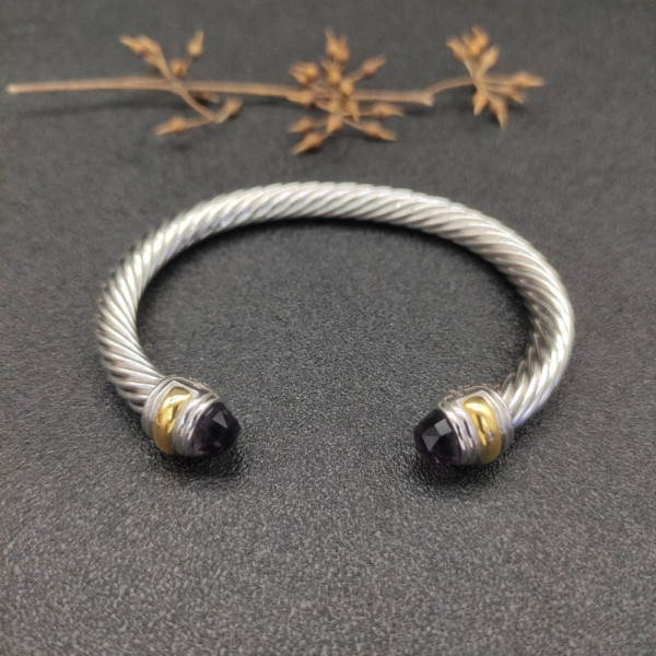David Yurman 7mm Gold and Silver Double Diamond Station Purple Diamond Cuff Bracelet