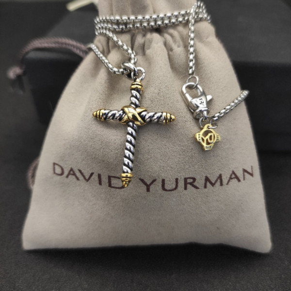 David Yurman Gold and Silver Cross Pendant Necklace with Cable Details
