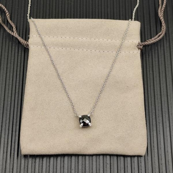 David Yurman Silver 8mm Four-Prong Black Diamond Necklace Adjustable 42+3+3cm
