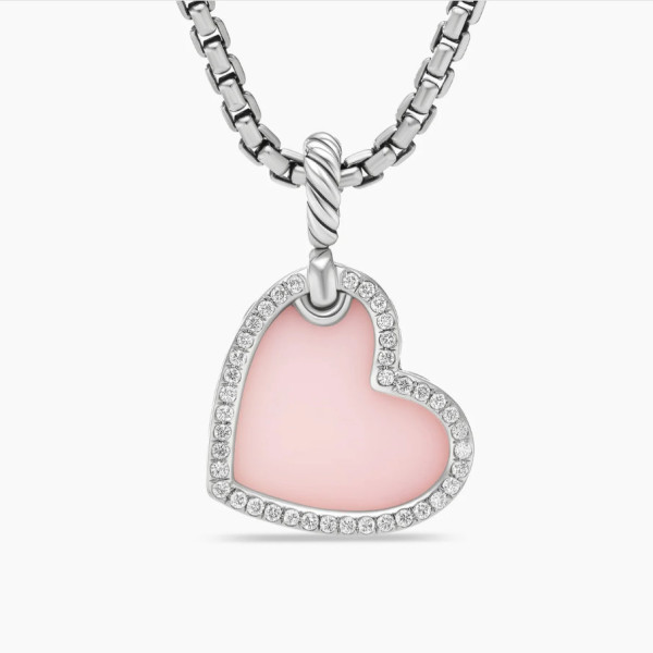 David Yurman Silver Heart Pink Opal Necklace, 2mm Chain, 45+5cm Adjustable Length