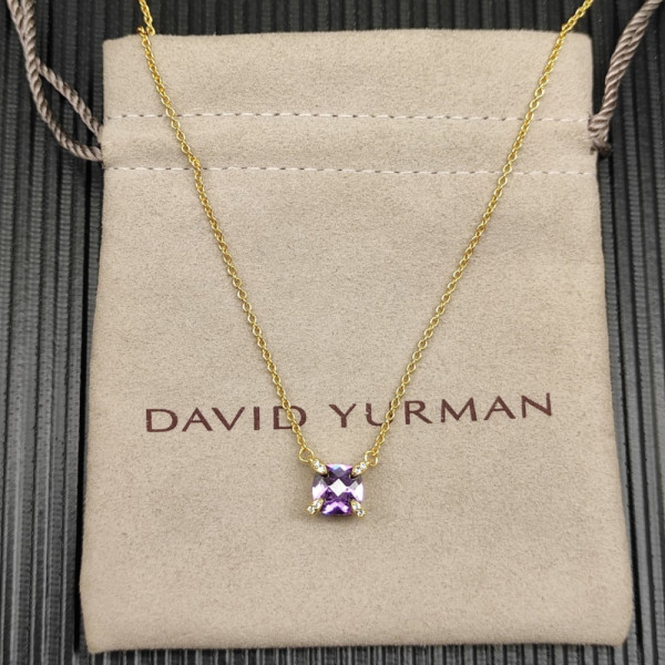 David Yurman Gold 8mm Four-Prong Purple Diamond Necklace