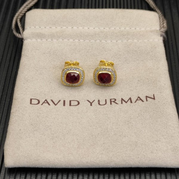 David Yurman 7mm Gold Square Red Diamond Stud Earrings