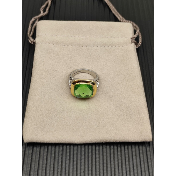David Yurman Gold and Silver 14mm Square Green Diamond Ring