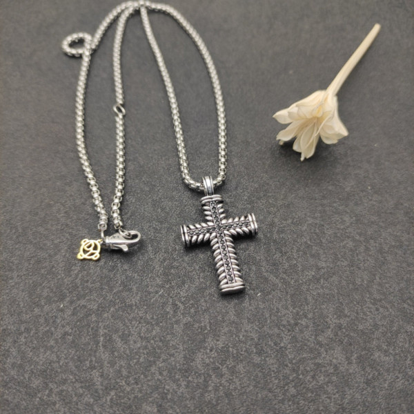 David Yurman Double Twist Cross Pendant Necklace with Black Diamonds, 3mm Cable Chain, Length 50cm + 5cm / 60cm + 5cm