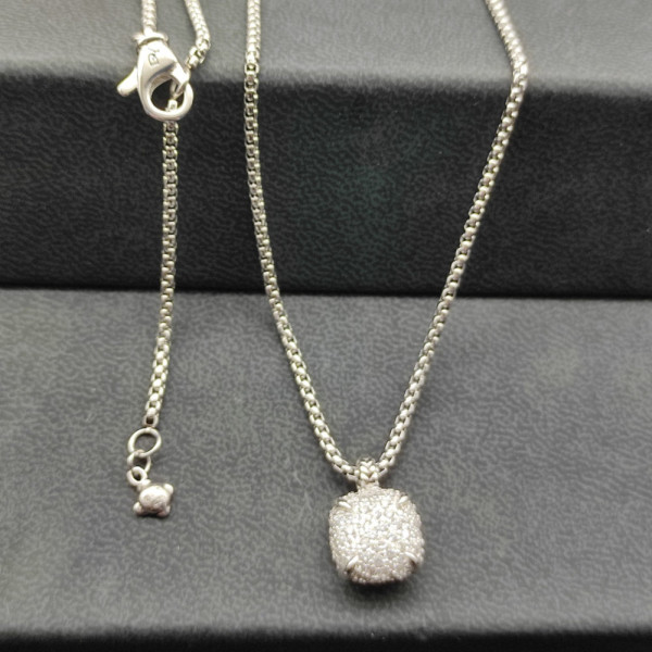 David Yurman 14mm Silver Four-Prong Pav&Atilde;&copy; Diamond Necklace, 2mm Chain, 45+5cm Adjustable Length