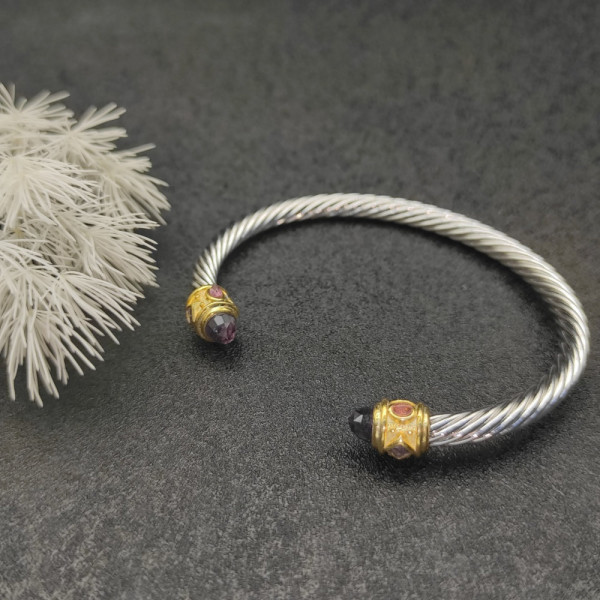 David Yurman 5mm Gold Cable Bracelet with Faceted Edge Design and Purple Diamonds