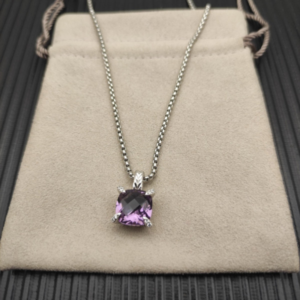 David Yurman Sterling Silver 11mm Four-Prong Purple Diamond Necklace