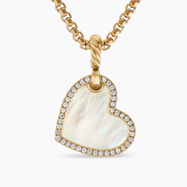 David Yurman Gold Heart White Mother-of-Pearl Necklace, 2mm Chain, 45+5cm Adjustable Length