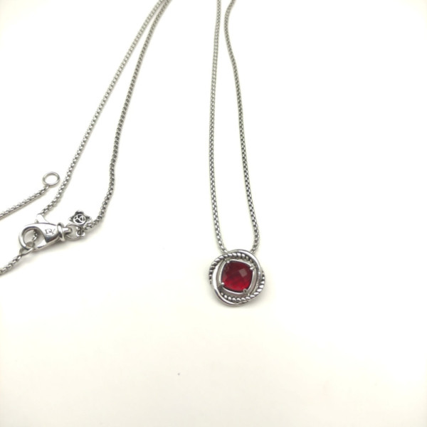 David Yurman 7mm Cable Twist Square Red Diamond Pendant Necklace, 1.5mm Chain, Length 45cm + 5cm