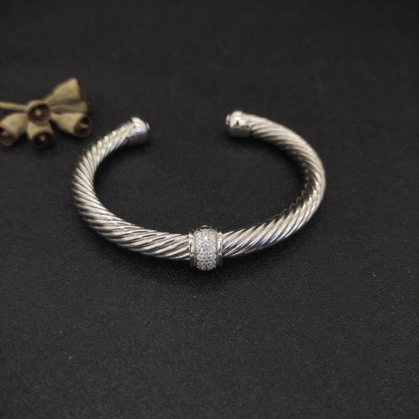 David Yurman 7mm Sterling Silver Cable Cuff Bracelet with Bead End Caps White Diamonds