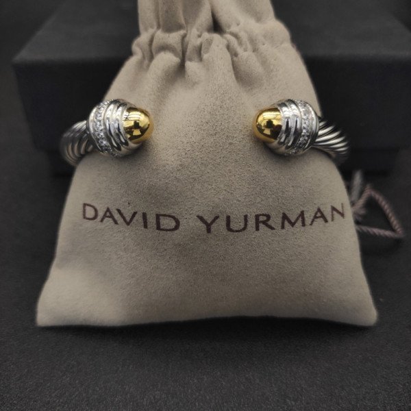 David Yurman 7mm Gold and Silver Cable Cuff Bracelet with Pav&Atilde;&copy;-Set Round End Caps