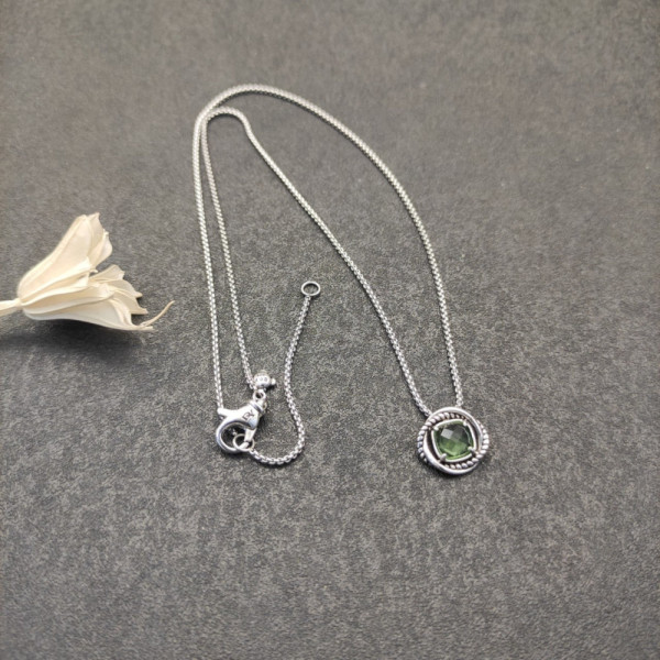 David Yurman 7mm Cable Twist Square Green Diamond Pendant Necklace, 1.5mm Chain, Length 45cm + 5cm