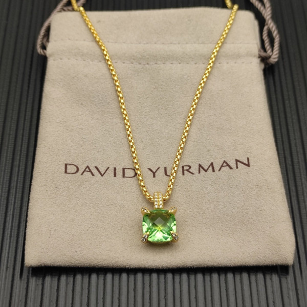 David Yurman Gold 11mm Four-Prong Green Diamond Necklace