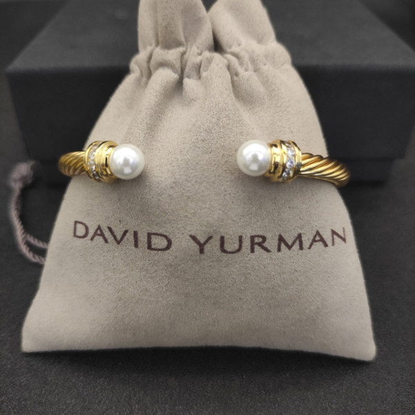 David Yurman 5mm Gold Cable Cuff Bracelet with Diamond-Accented Pearl
