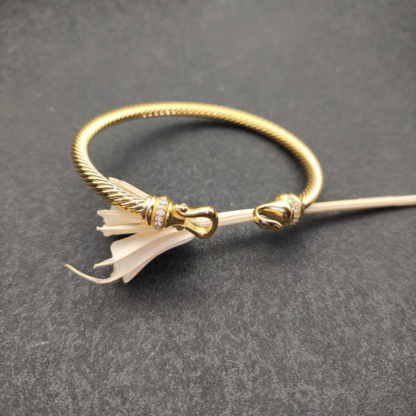 David Yurman 4mm Gold Diamond Hook Cuff Bracelet, Fits Wrist Size 16cm - 20cm