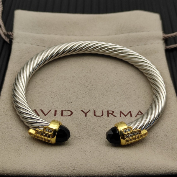 David Yurman 7mm Gold-Tone End Caps Sterling Silver Cable Cuff Bracelet Black Diamonds