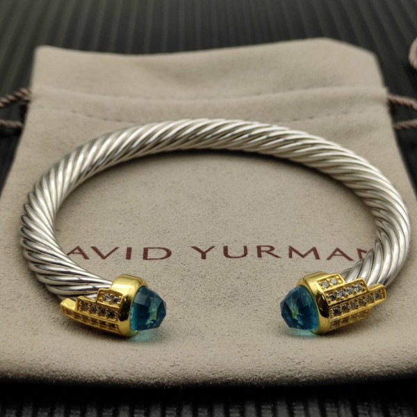 David Yurman 7mm Gold-Tone End Caps Sterling Silver Cable Cuff Bracelet Blue Diamonds