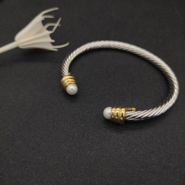 David Yurman 5mm Gold-End Pearl Cable Cuff Bracelet