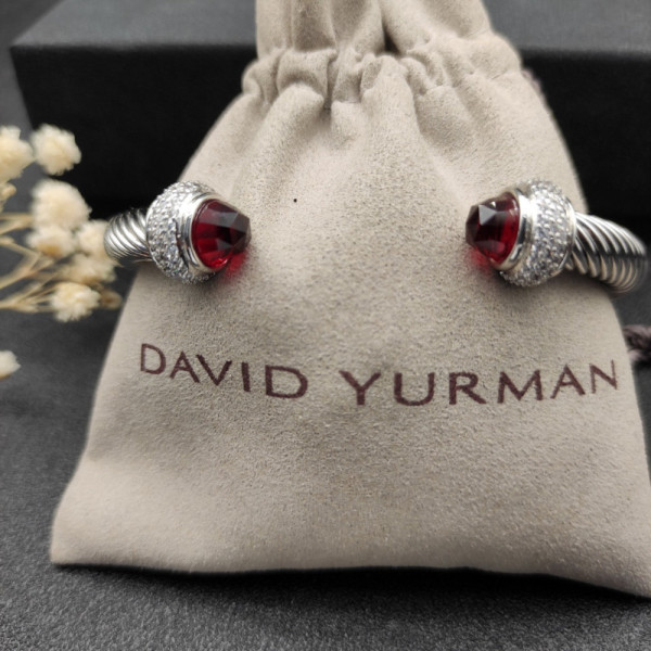 David Yurman 7mm Full Pav&Atilde;&copy; Red Diamond-Set End Cap Cable Bracelet