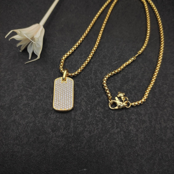 David Yurman Gold Pav&Atilde;&copy; White Diamond Tag Necklace 3mm Chain