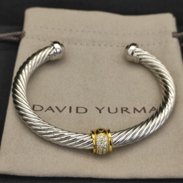 David Yurman 7mm Sterling Silver Cable Cuff Bracelet with Gold Bead End Caps White Diamonds