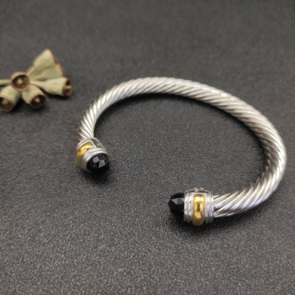 David Yurman 7mm Gold and Silver Double End Cap Black Diamond Cable Bracelet