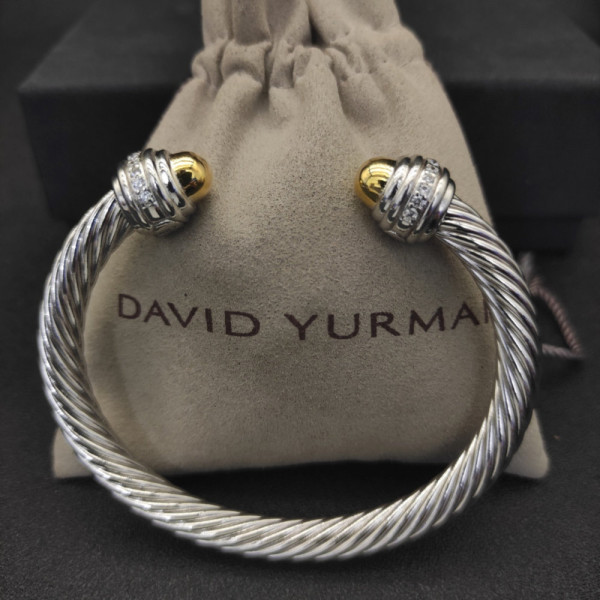 David Yurman 7mm Gold and Silver Cable Cuff Bracelet with Pav&Atilde;&copy;-Set Round End Caps