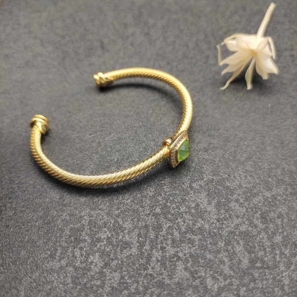 David Yurman Gold Tone 4mm Cable Square Green Diamond Cuff Bracelet