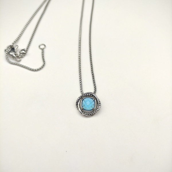 David Yurman 7mm Cable Twist Square Blue Diamond Pendant Necklace, 1.5mm Chain, Length 45cm + 5cm