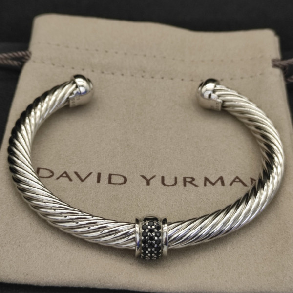 David Yurman 7mm Sterling Silver Cable Cuff Bracelet with Bead End Caps Black Diamonds