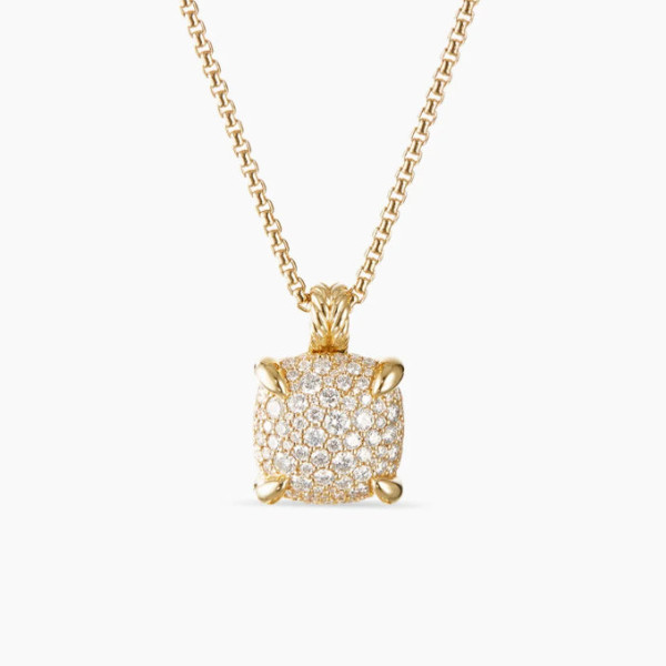 David Yurman 14mm Gold Four-Prong Pav&Atilde;&copy; Diamond Necklace, 2mm Chain, 45+5cm Adjustable Length